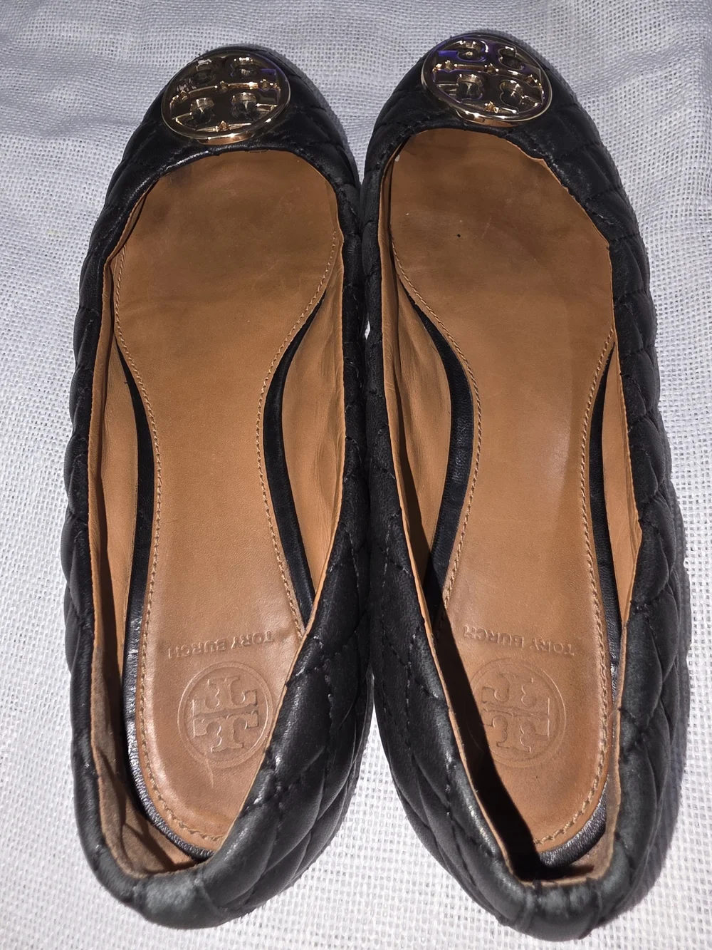 Tory Burch Reva Black Quilted Leather Ballet Flats Gold Logo Size 9.5